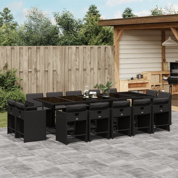 vidaXL 9-tlg. Garten-Essgruppe mit Kissen Schwarz Poly Rattan