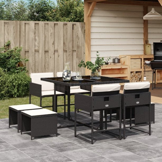 vidaXL 9-tlg. Garten-Essgruppe mit Kissen Schwarz Poly Rattan