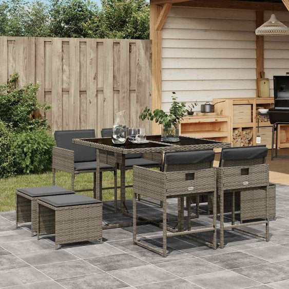 vidaXL 9-tlg. Garten-Essgruppe mit Kissen Schwarz Poly Rattan