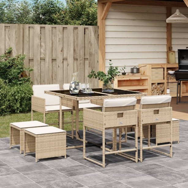 vidaXL 9-tlg. Garten-Essgruppe mit Kissen Schwarz Poly Rattan