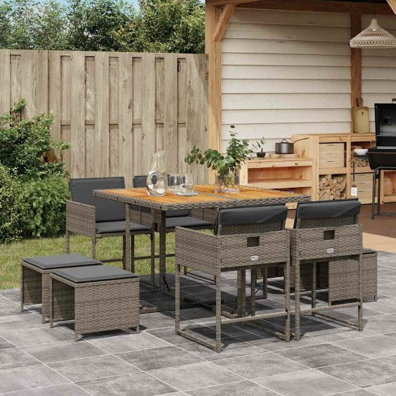 vidaXL 9-tlg. Garten-Essgruppe mit Kissen Schwarz Poly Rattan