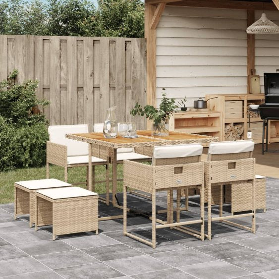 vidaXL 9-tlg. Garten-Essgruppe mit Kissen Schwarz Poly Rattan