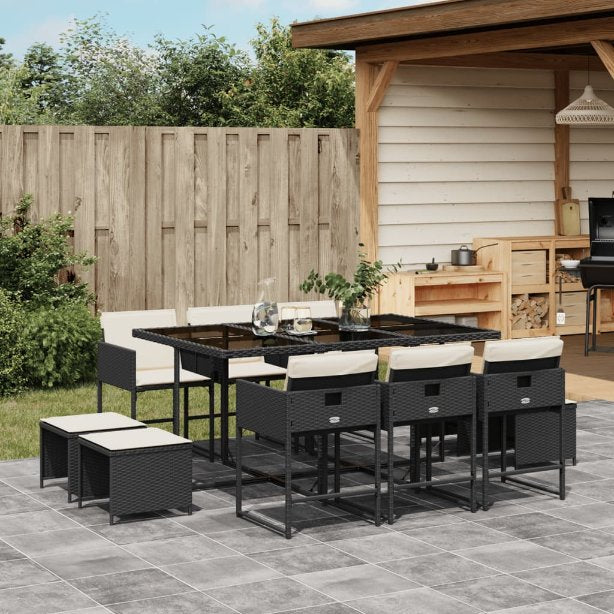 vidaXL 9-tlg. Garten-Essgruppe mit Kissen Schwarz Poly Rattan