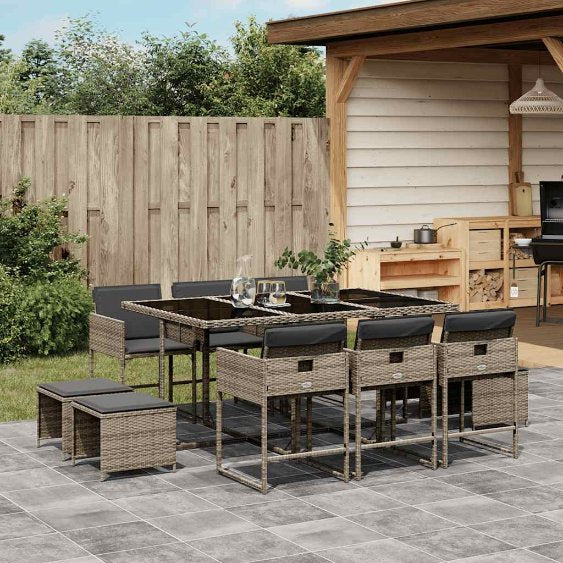vidaXL 9-tlg. Garten-Essgruppe mit Kissen Schwarz Poly Rattan