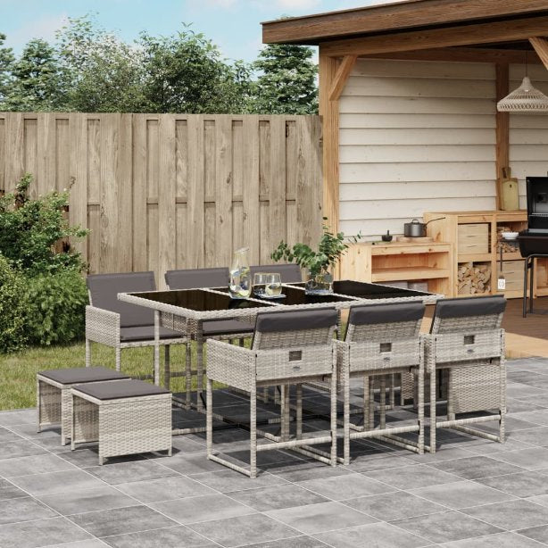 vidaXL 9-tlg. Garten-Essgruppe mit Kissen Schwarz Poly Rattan