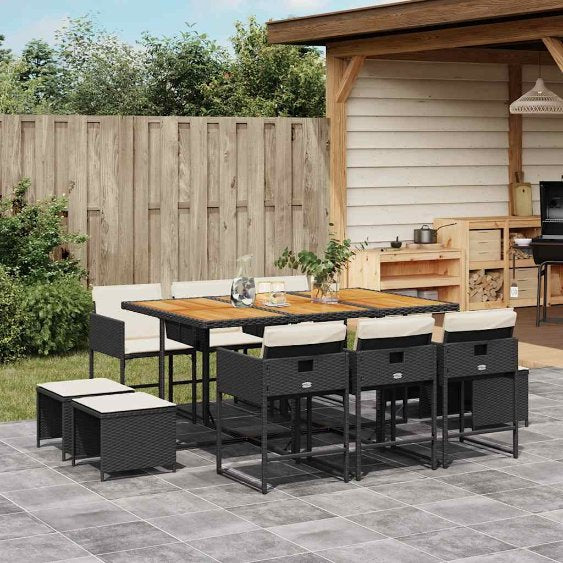 vidaXL 9-tlg. Garten-Essgruppe mit Kissen Schwarz Poly Rattan