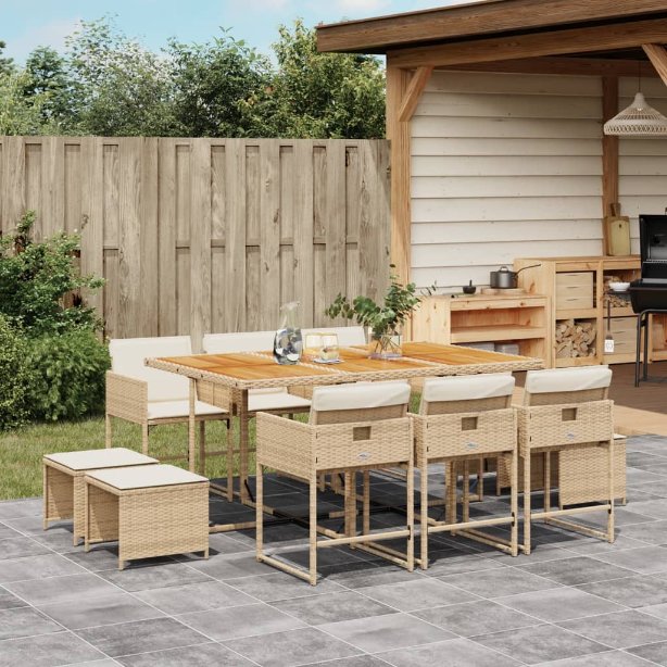 vidaXL 9-tlg. Garten-Essgruppe mit Kissen Schwarz Poly Rattan