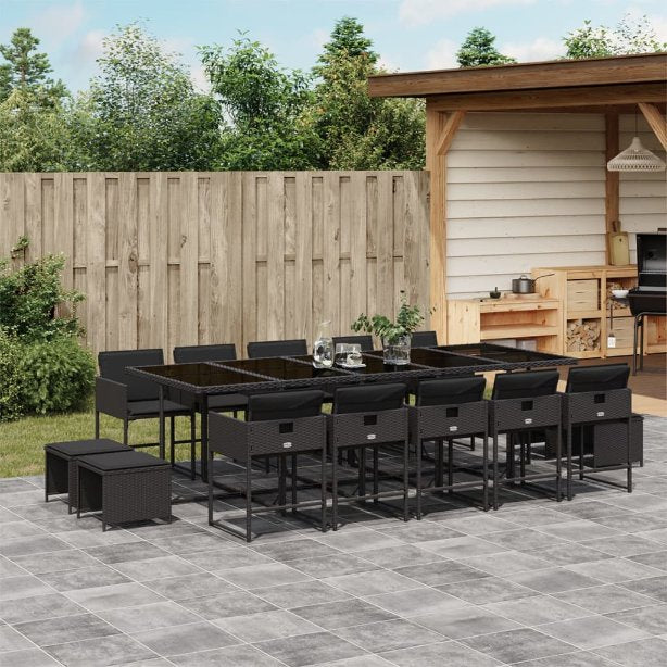 vidaXL 9-tlg. Garten-Essgruppe mit Kissen Schwarz Poly Rattan