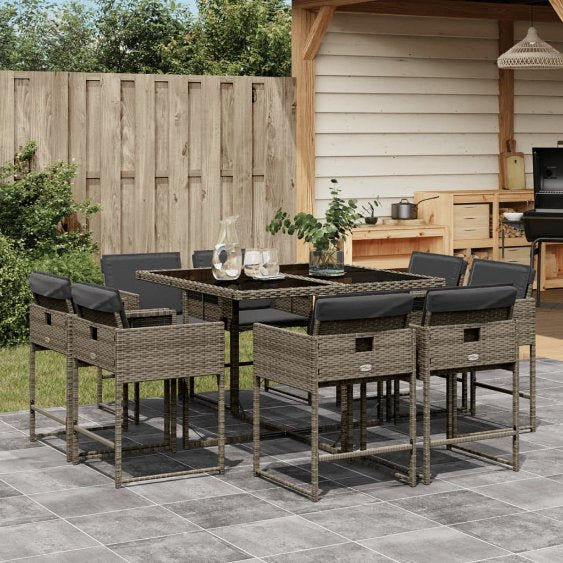 vidaXL 9-tlg. Garten-Essgruppe mit Kissen Schwarz Poly Rattan
