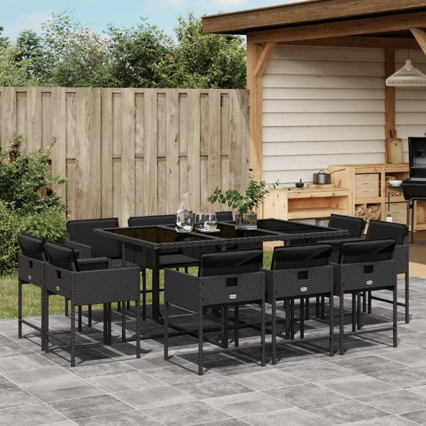 vidaXL 9-tlg. Garten-Essgruppe mit Kissen Schwarz Poly Rattan