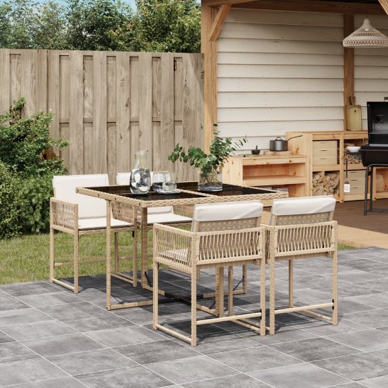 vidaXL 5-tlg. Garten-Essgruppe mit Kissen Schwarz Poly Rattan