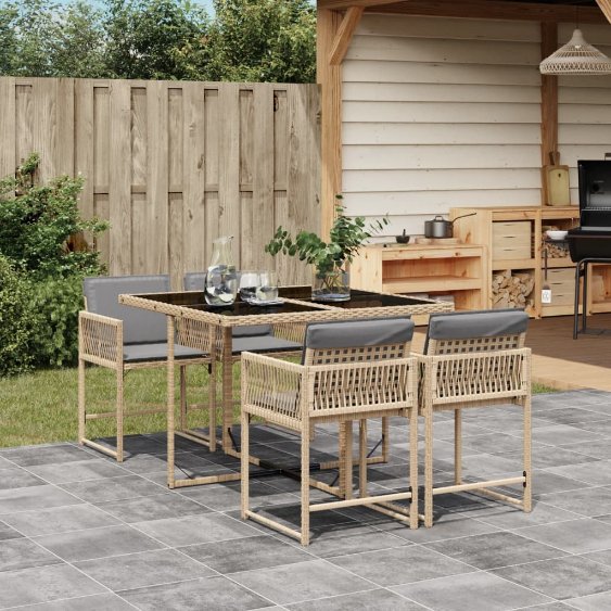 vidaXL 5-tlg. Garten-Essgruppe mit Kissen Schwarz Poly Rattan