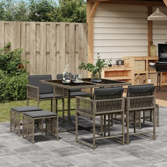 vidaXL 9-tlg. Garten-Essgruppe mit Kissen Schwarz Poly Rattan
