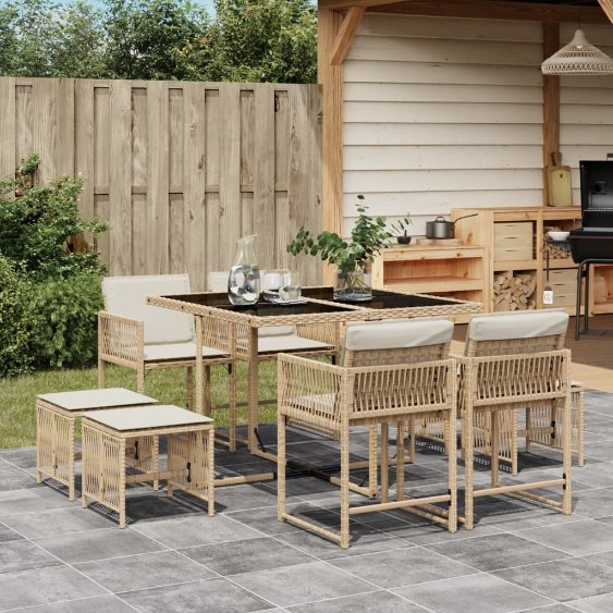 vidaXL 9-tlg. Garten-Essgruppe mit Kissen Schwarz Poly Rattan