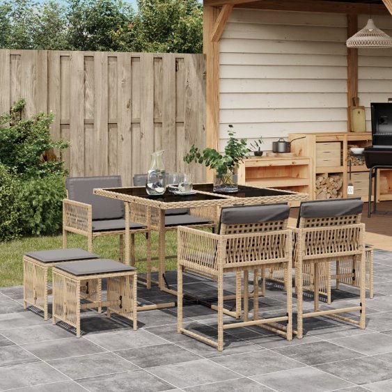 vidaXL 9-tlg. Garten-Essgruppe mit Kissen Schwarz Poly Rattan