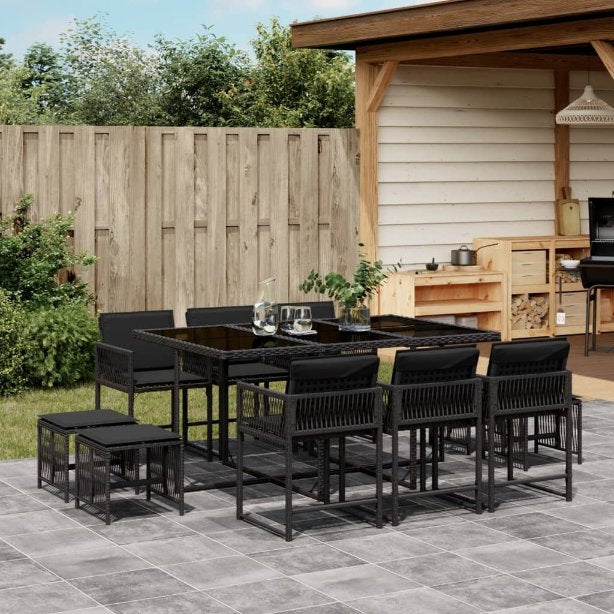 vidaXL 9-tlg. Garten-Essgruppe mit Kissen Schwarz Poly Rattan