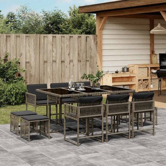vidaXL 9-tlg. Garten-Essgruppe mit Kissen Schwarz Poly Rattan