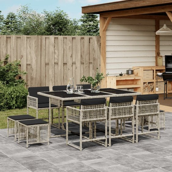 vidaXL 9-tlg. Garten-Essgruppe mit Kissen Schwarz Poly Rattan