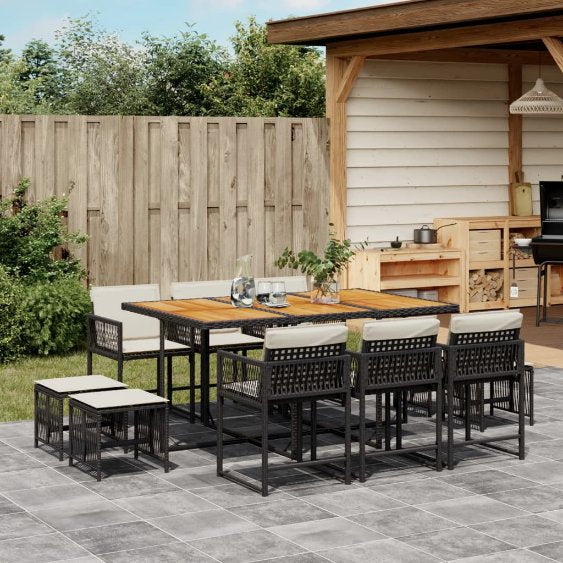 vidaXL 9-tlg. Garten-Essgruppe mit Kissen Schwarz Poly Rattan