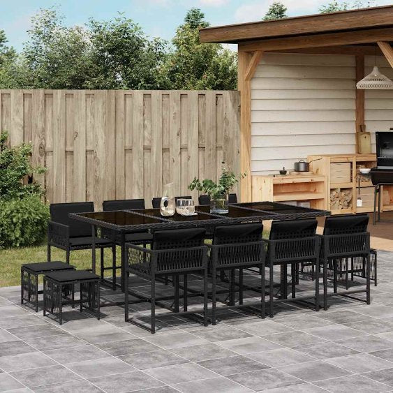 vidaXL 9-tlg. Garten-Essgruppe mit Kissen Schwarz Poly Rattan