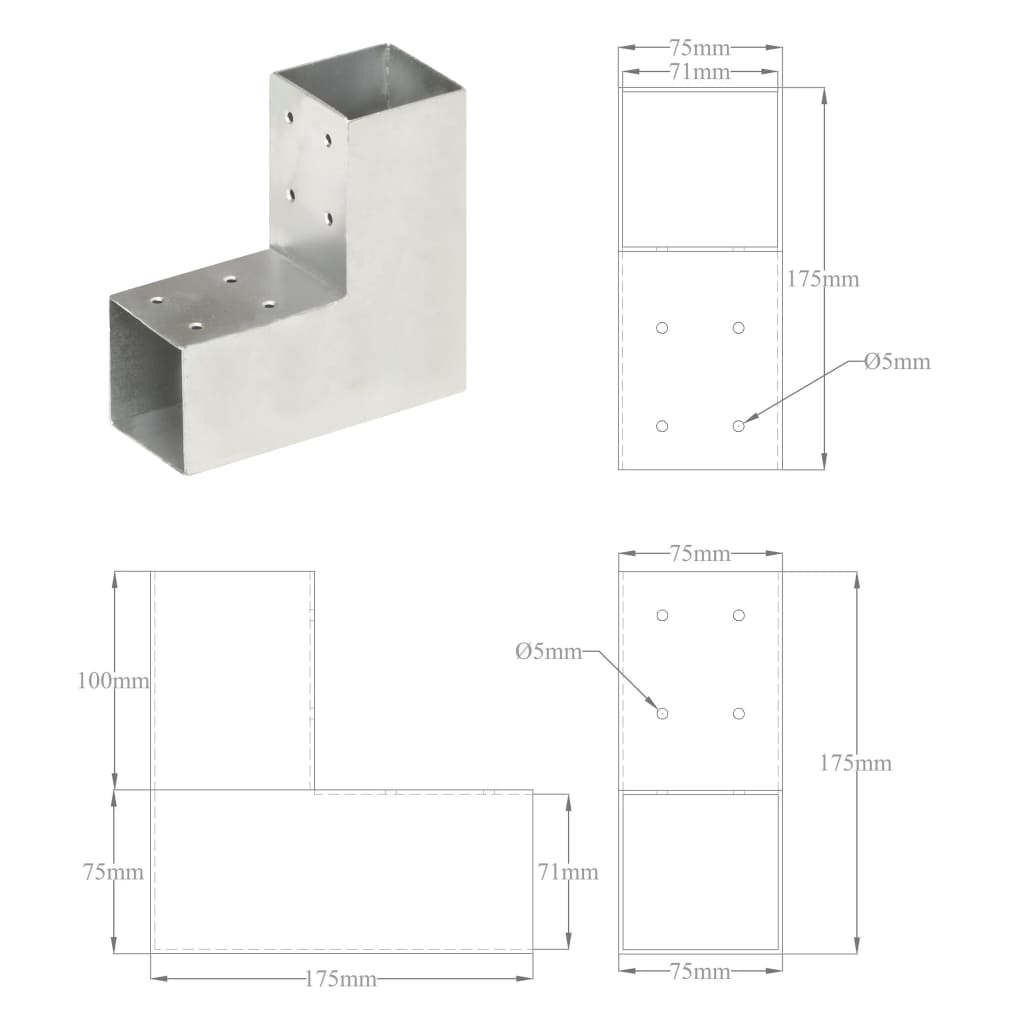 vidaXL Pfostenverbinder L-Form Verzinktes Metall 71 x 71 mm