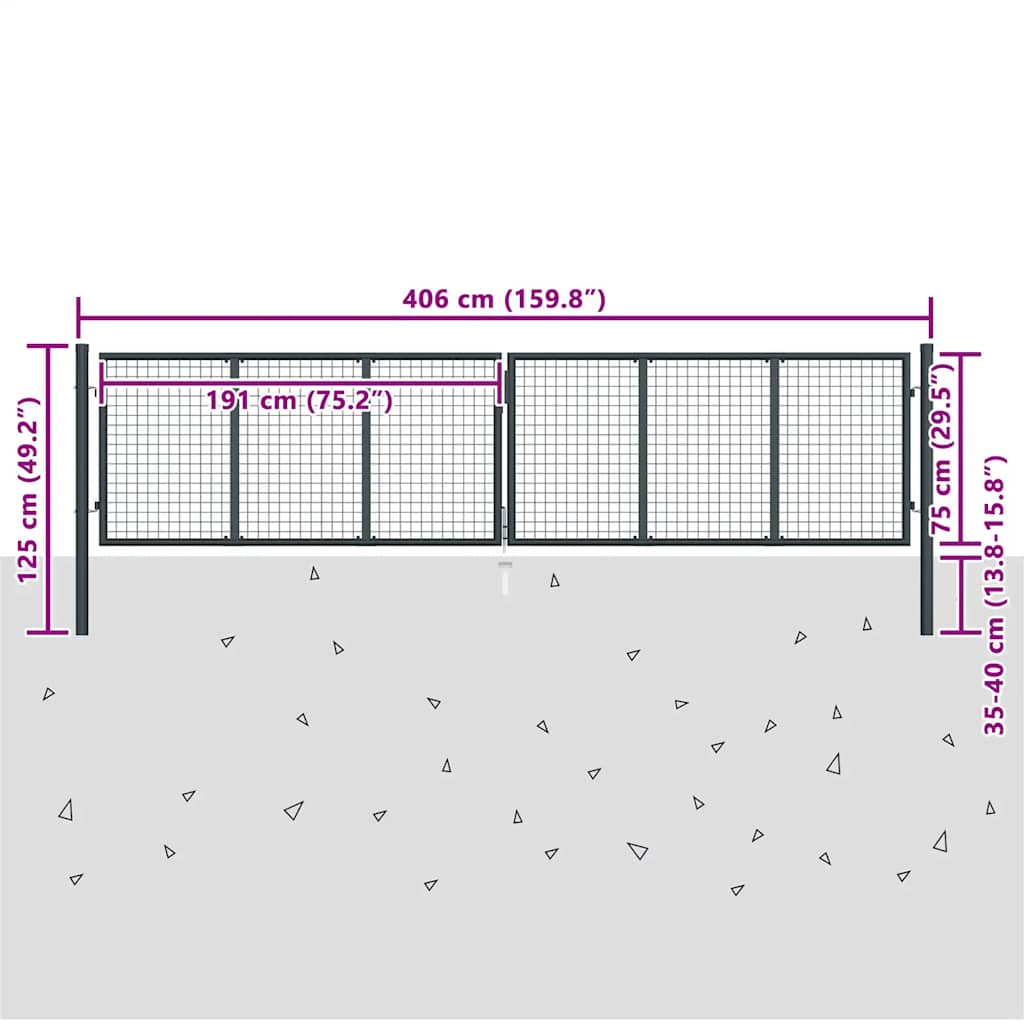 vidaXL Maschen-Gartentor verzinkter Stahl 400 x 75 cm Grau