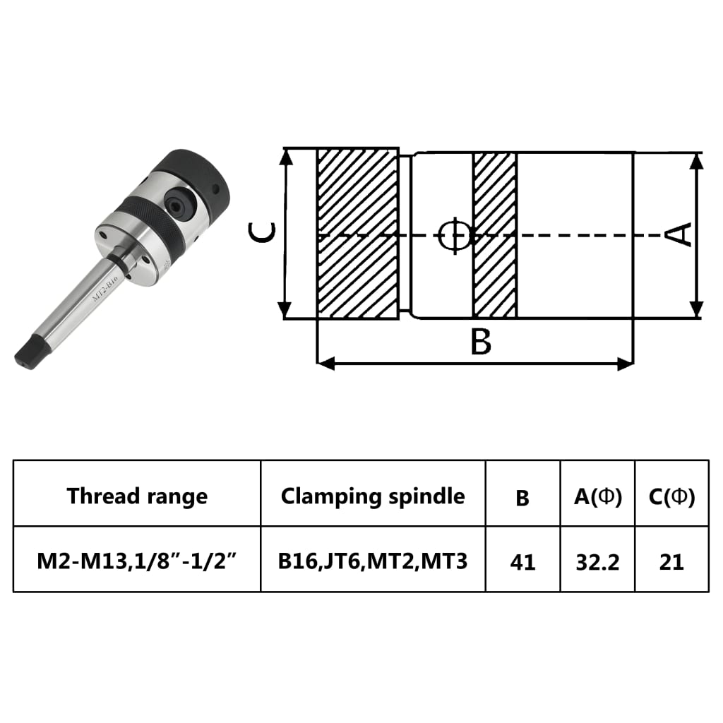 vidaXL Bohrfutter B16 mit MT2-Schaft für Innengewinde M2-M13