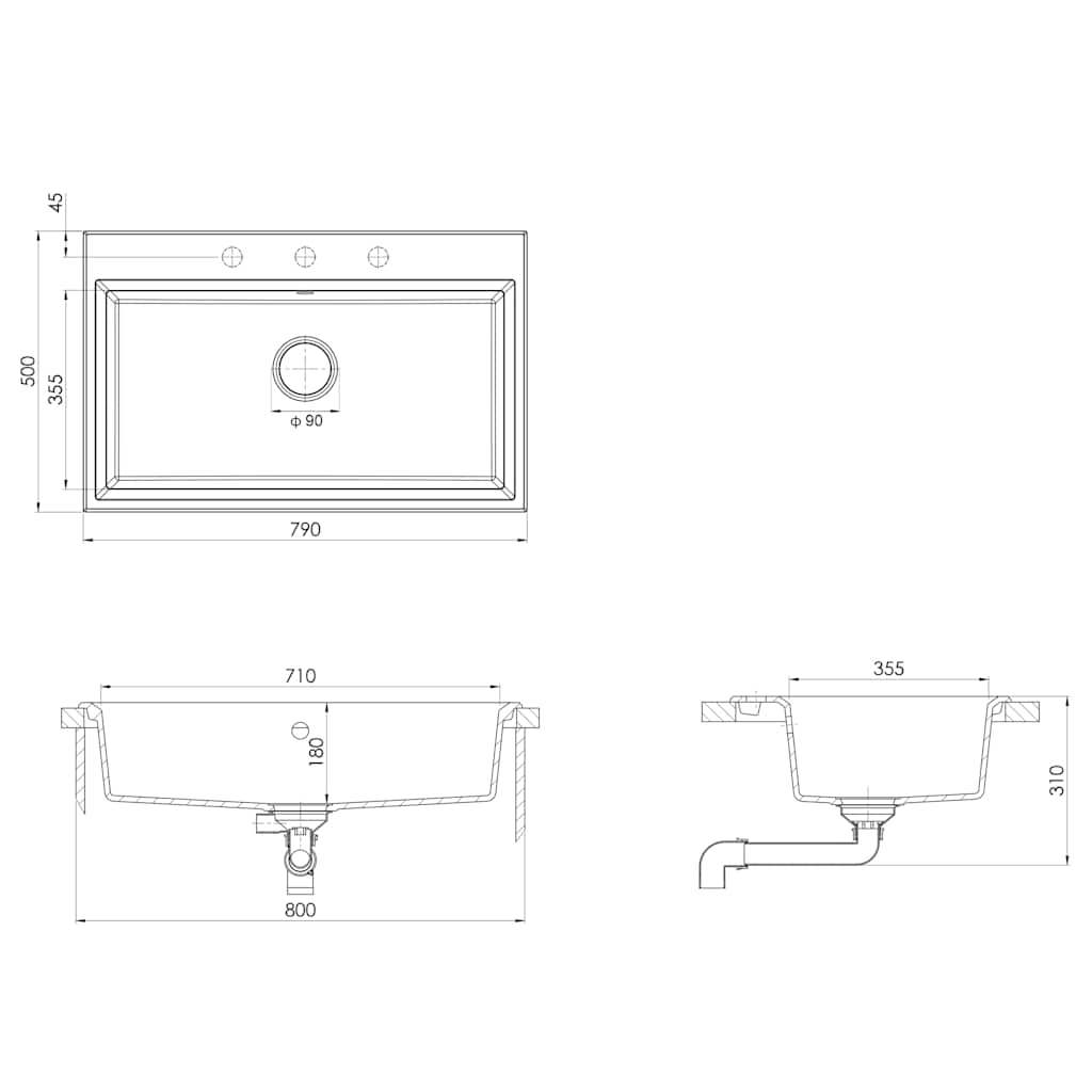vidaXL Küchen-Spüle Schwarz 79 x 50 x 31 cm Granit