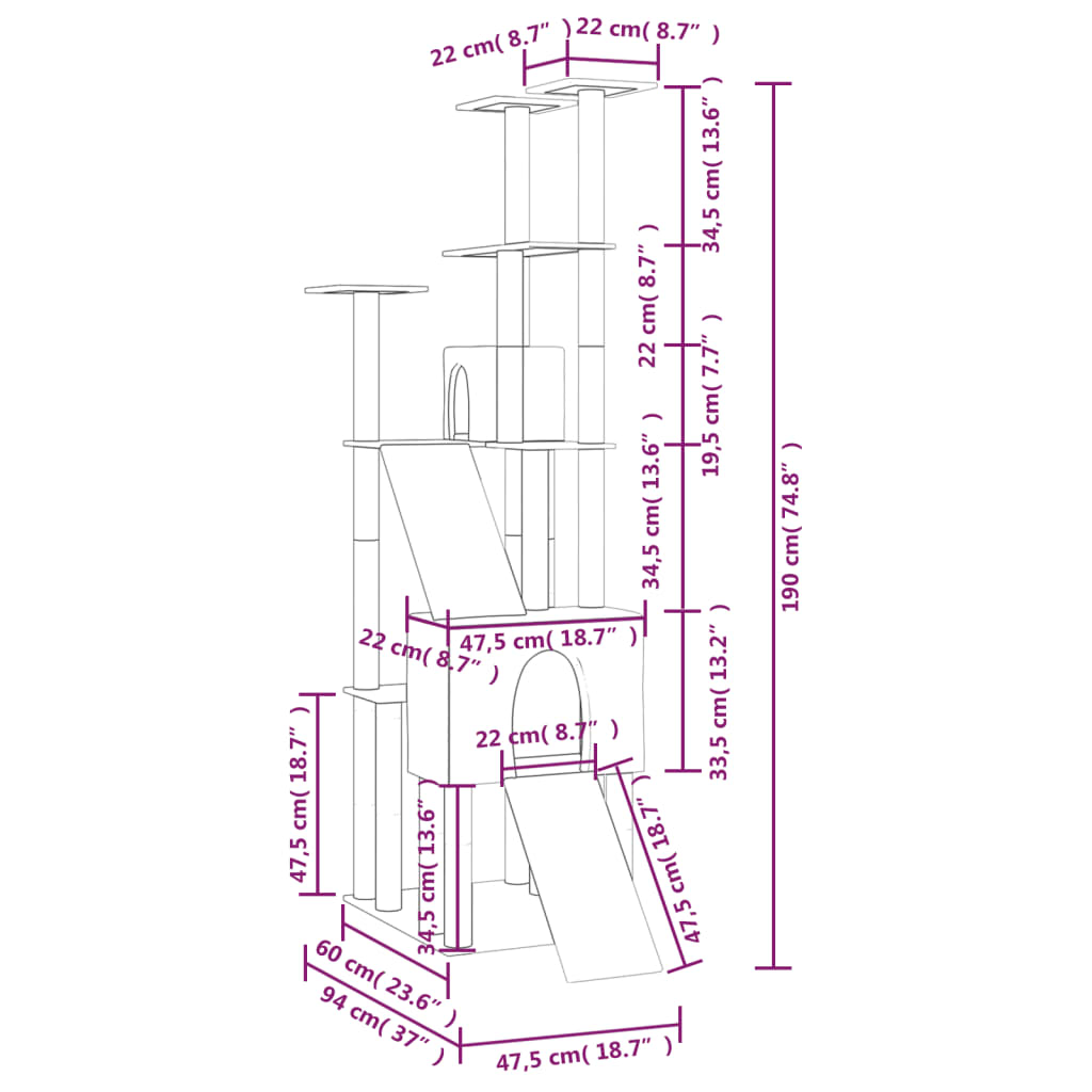 vidaXL Kratzbaum mit Sisal-Kratzsäulen Hellgrau 190 cm
