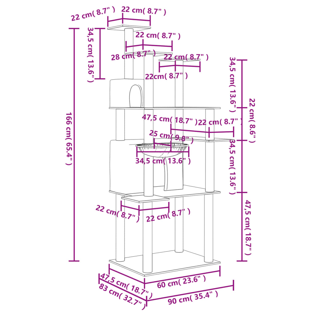 vidaXL Kratzbaum mit Sisal-Kratzsäulen Creme 166 cm