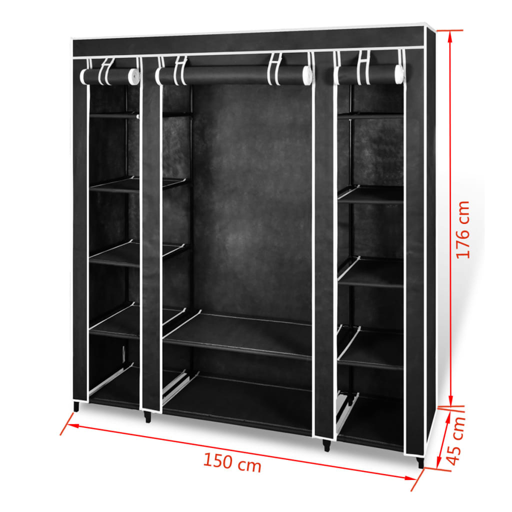 vidaXL Stoffschrank mit Fächern Kleiderstangen 45×150×176 cm Schwarz