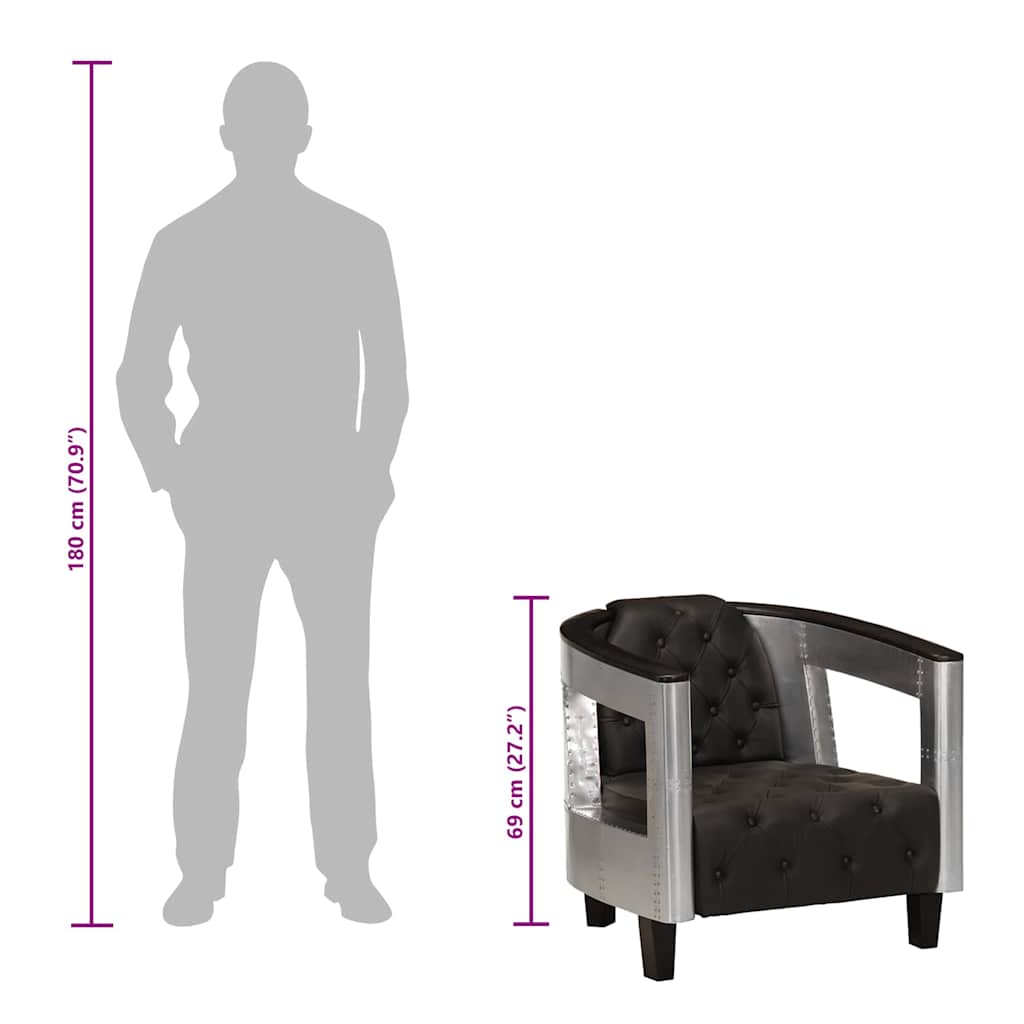 vidaXL Fliegersessel Schwarz Echtleder