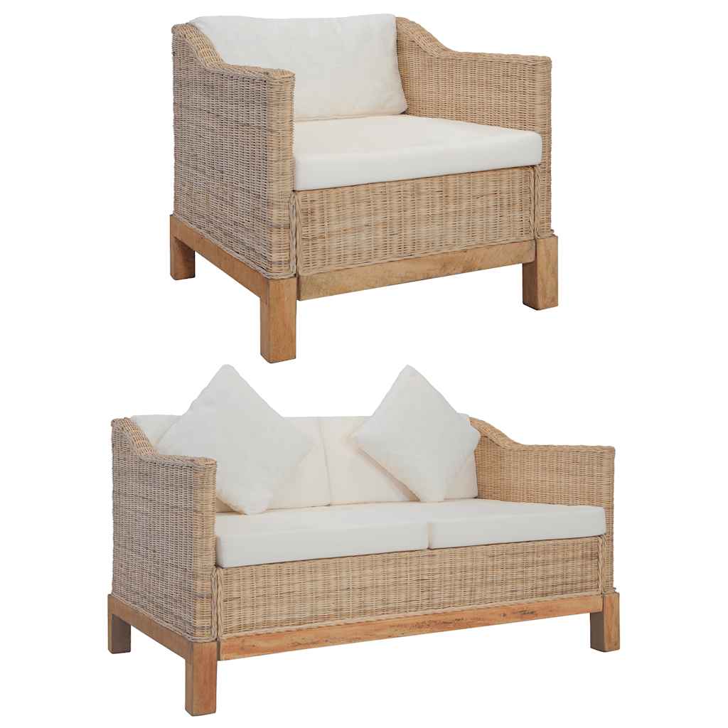 vidaXL 2-tlg. Sofagarnitur mit Kissen Natur Rattan