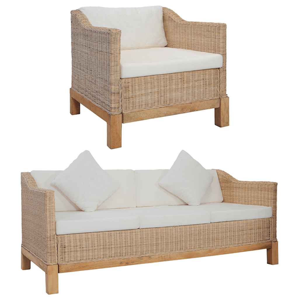 vidaXL 2-tlg. Sofagarnitur mit Kissen Natur Rattan