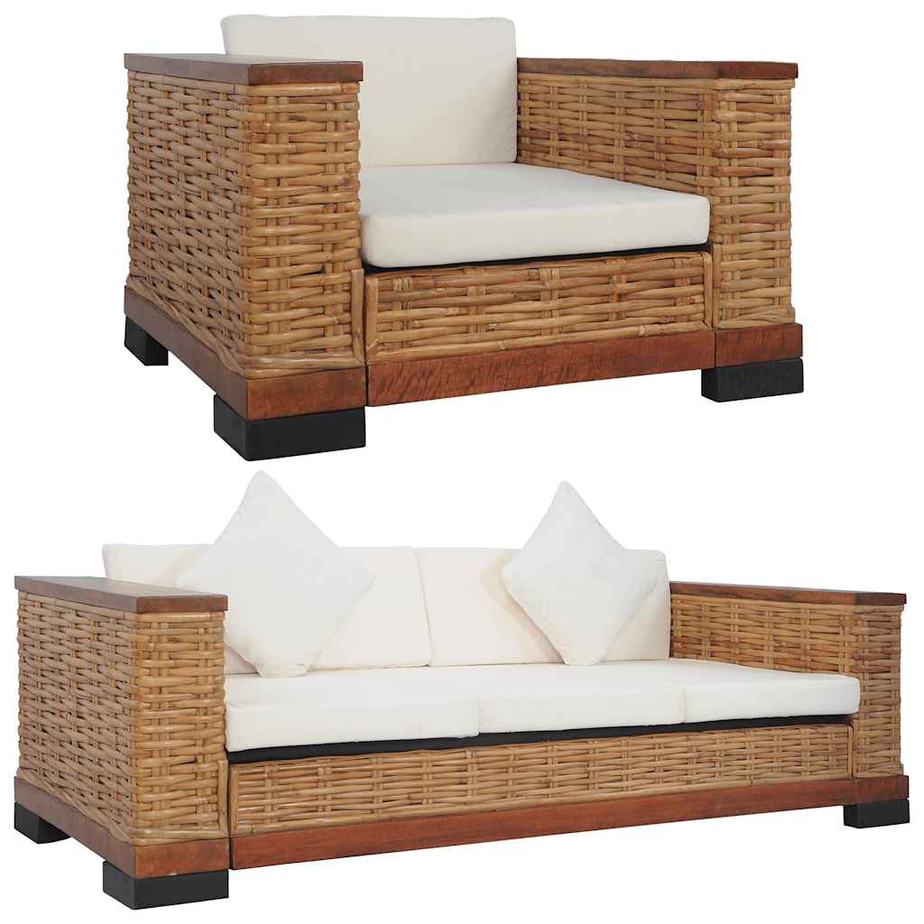vidaXL 2-tlg. Sofagarnitur mit Auflagen Braun Natur Rattan