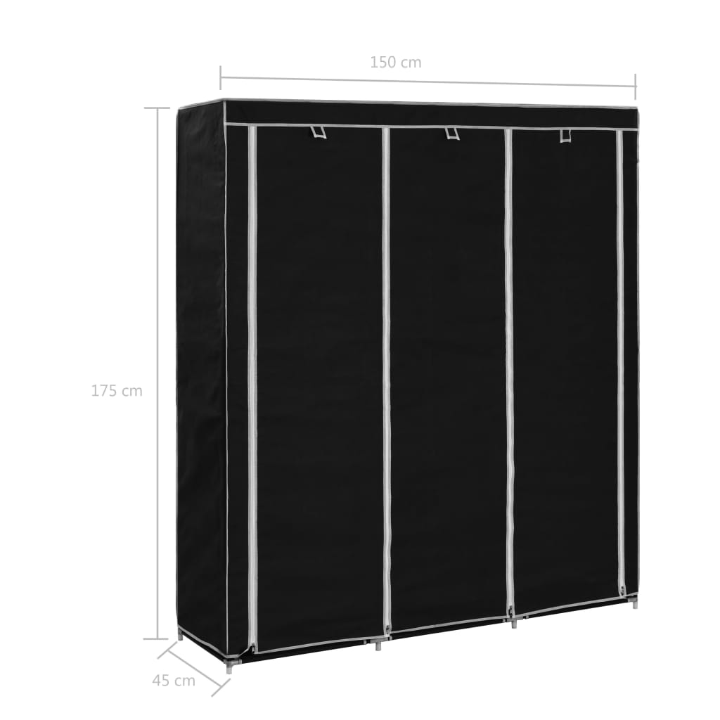 vidaXL Kleiderschrank mit Fächern Stangen Schwarz 150x45x175cm Stoff