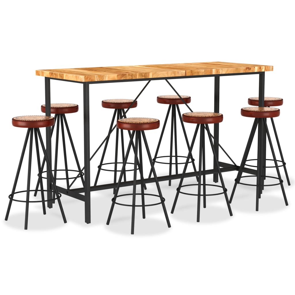vidaXL 9-tlg. Bar-Set Massivholz Akazie, Echtleder und Canvas