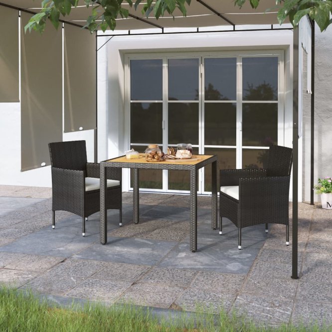 vidaXL 3-tlg. Garten-Essgruppe Poly Rattan und Hartglas Schwarz