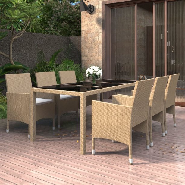 vidaXL 7-tlg. Garten-Essgruppe Poly Rattan und Hartglas Schwarz