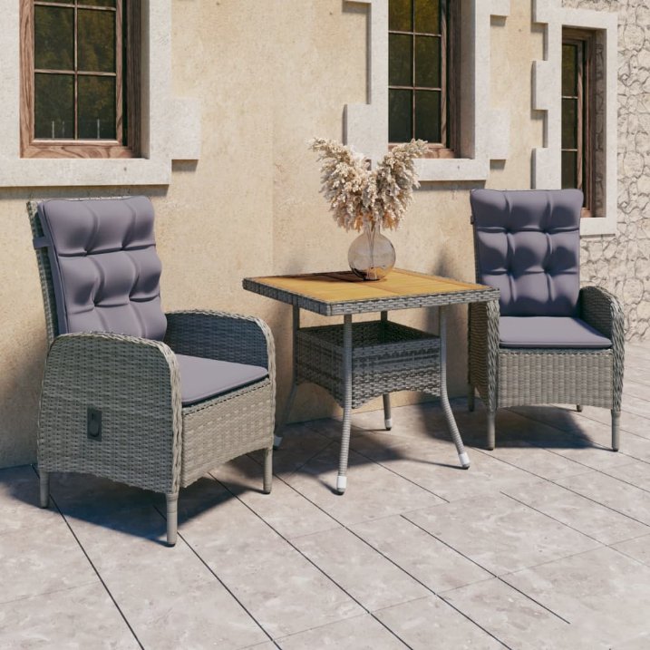 vidaXL 3-tlg. Garten-Essgruppe Poly Rattan und Glas Grau