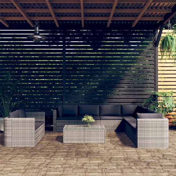 vidaXL 9-tlg. Garten-Lounge-Set mit Kissen Poly Rattan Grau