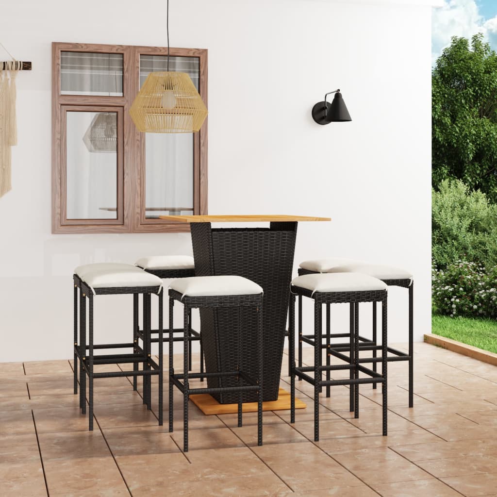vidaXL 3-tlg. Gartenbar-Set mit Kissen Poly Rattan Schwarz