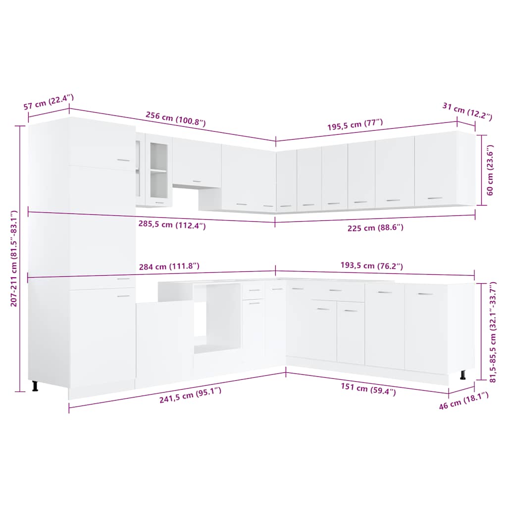 vidaXL 14-tlg. Küchenzeile Lyon Weiß Holzwerkstoff