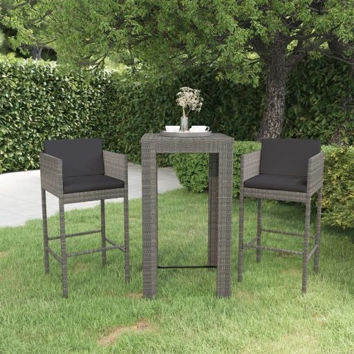 vidaXL 3-tlg. Gartenbar-Set mit Kissen Poly Rattan Braun