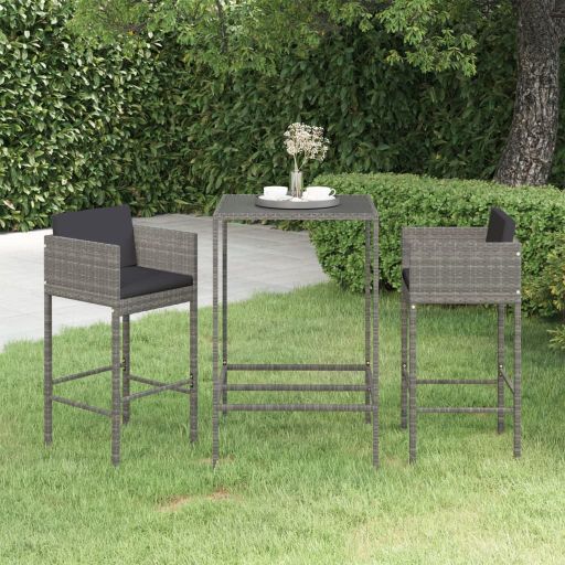 vidaXL 3-tlg. Gartenbar-Set mit Kissen Poly Rattan Braun