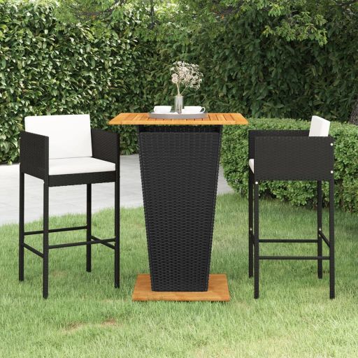 vidaXL 3-tlg. Gartenbar-Set mit Kissen Poly Rattan Schwarz