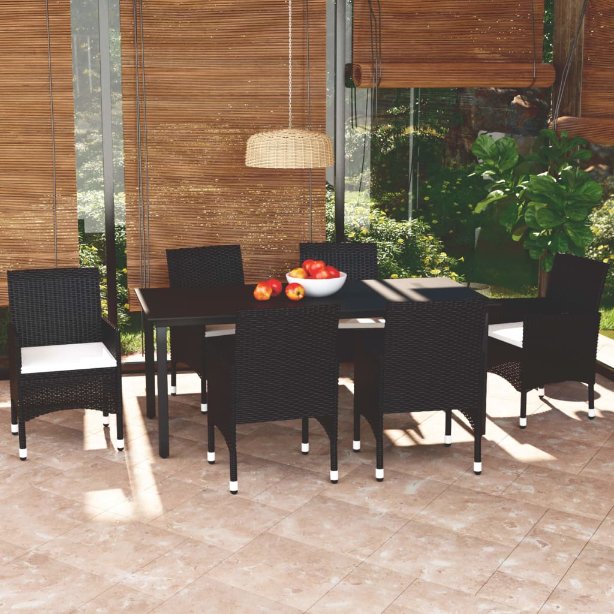vidaXL 3-tlg. Garten-Essgruppe mit Kissen Poly Rattan Schwarz