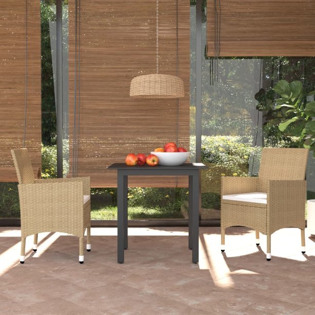 vidaXL 3-tlg. Garten-Essgruppe mit Kissen Poly Rattan Schwarz