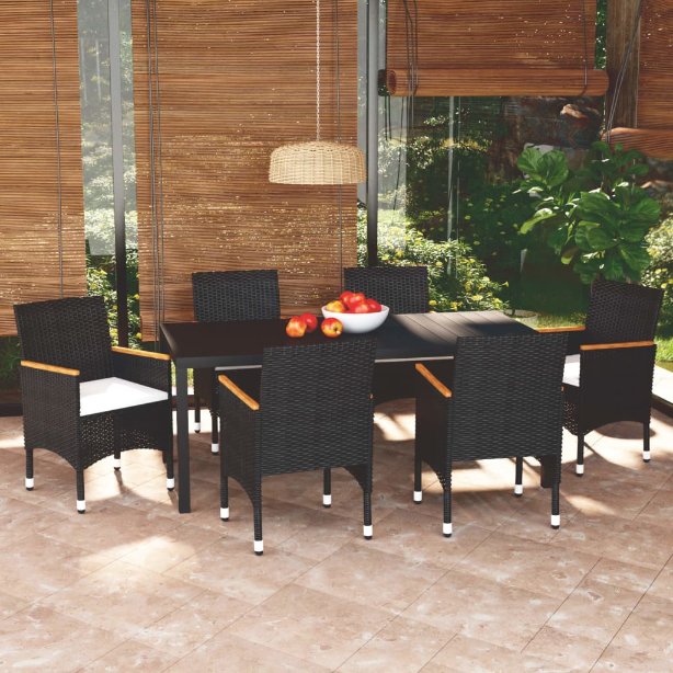 vidaXL 3-tlg. Garten-Essgruppe mit Kissen Poly Rattan Schwarz