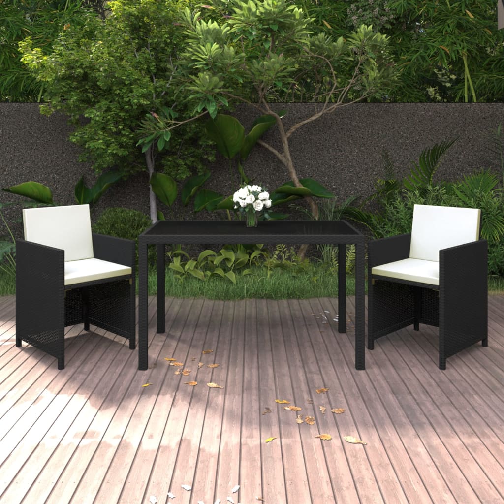 vidaXL 3-tlg. Garten-Essgruppe mit Kissen Poly Rattan Schwarz
